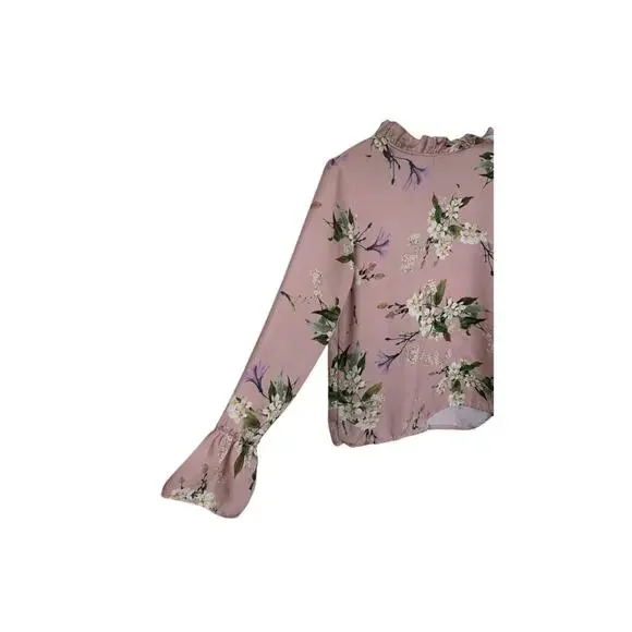 Pink Floral Long Sleeve Women’s M (8/10) Fairycore Coquette Cottagecore Blouse - Picture 2 of 5